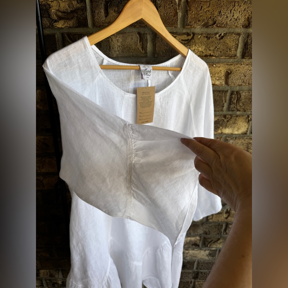 Match Point La Fixsun 100% Linen White Ruffle Hem Tunic Top L Lagenlook Made USA - Picture 4 of 11